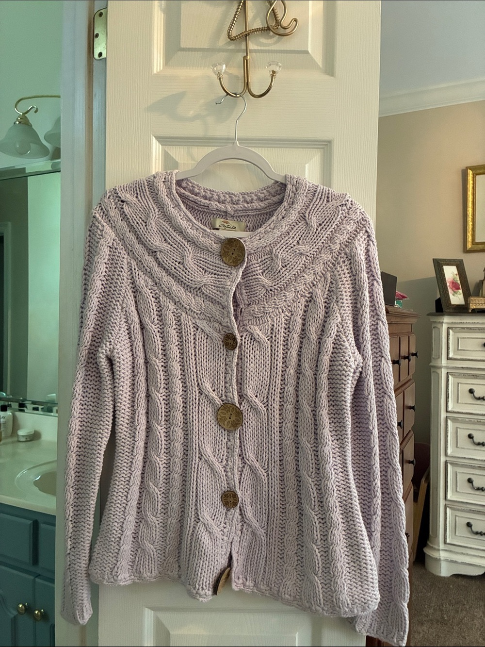 Bob Timberlake Chunky Cable Knit Dusty Lavender Cardigan Sweater SZ M